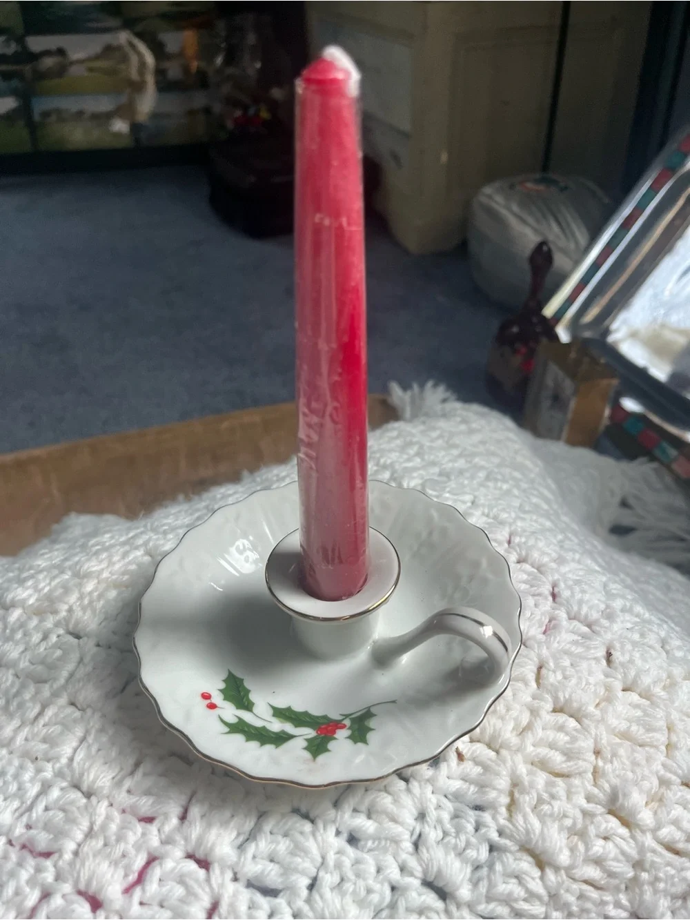 Red Taper Candle in Vintage White Holly Porcelain Chamberstick - Japan